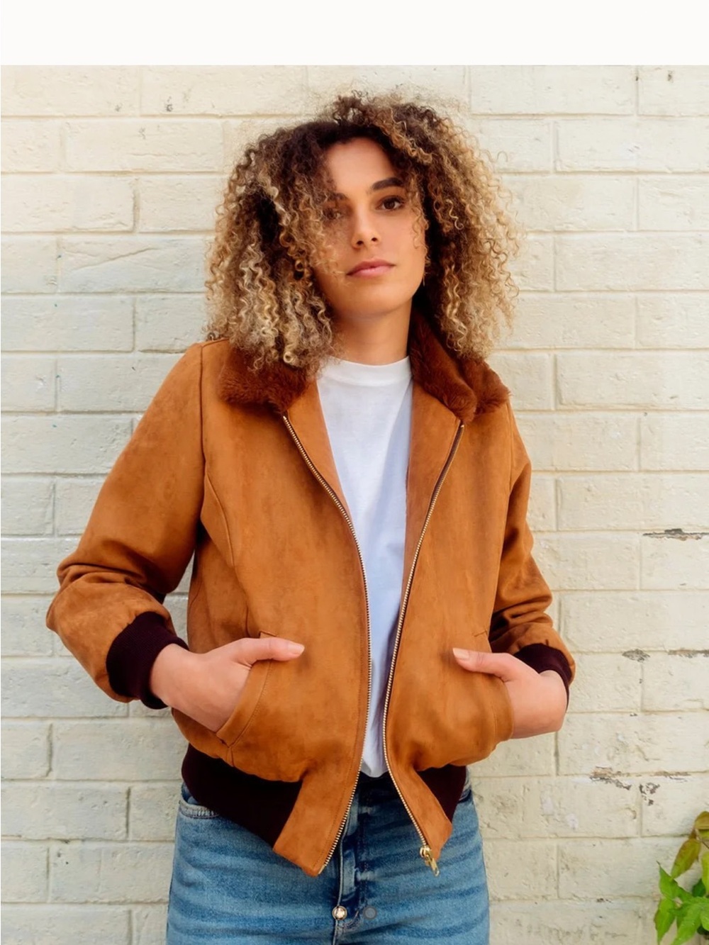 Women’s vegan suede faux fur bomber jacket